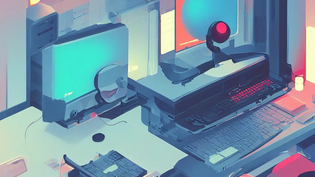 Image similar to stylized minimalist retro computer of a famous web designer, loftis, cory behance hd, by moebius, makoto shinkai and lois van baarle, ilya kuvshinov, rossdraws global illumination