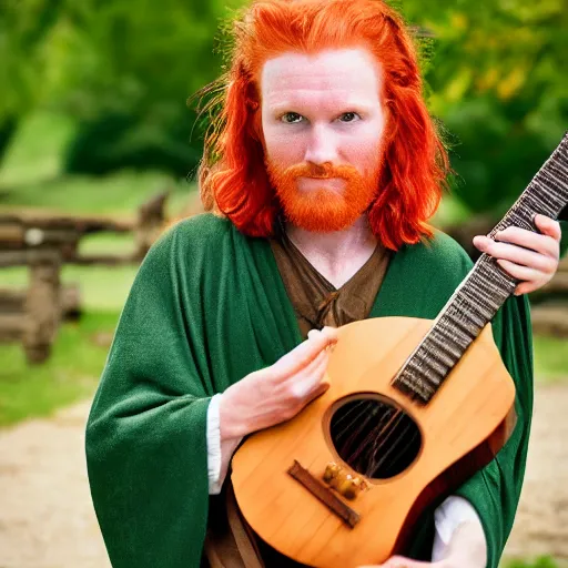 Prompt: handsome man with red hair, mischievous expression, bright green eyes, green cloak, playing a lute, small medieval village in the background, hyperrealism, annie liebovitz photography, nikon 5 0 mm, 8 k