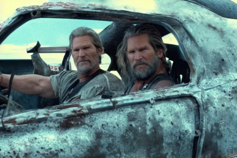 Prompt: Jeff Bridges sitting in the driver's seat in Mad Max Road Warrior, rusted, cobbled together Nissan R34 GTR, interior, screenshot, cinematic Eastman 5384 film