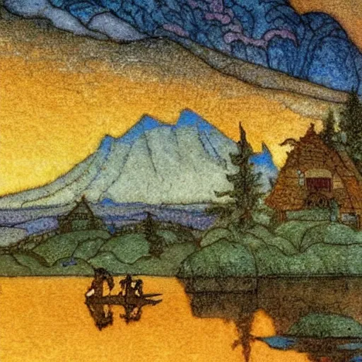 Image similar to a tilt-shift photograph of an Edmund Dulac and Ivan Bilibin inspired village scene and of a sunset and mountains. natural sunlight, golden hour. detailed, full color scheme