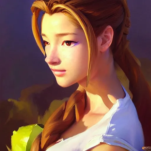 Image similar to Greg Manchess portrait painting of Aerith Gainsborough from FFVII as Overwatch character, medium shot, asymmetrical, profile picture, Organic Painting, sunny day, Matte Painting, bold shapes, hard edges, street art, trending on artstation, by Huang Guangjian and Gil Elvgren and Sachin Teng