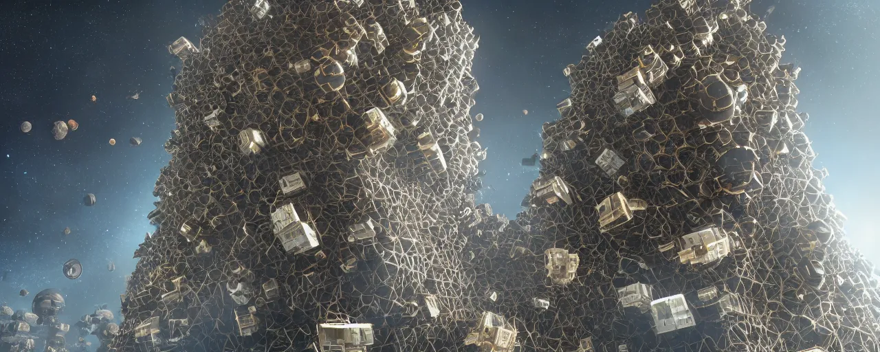 Prompt: movie still, brutalist wasp hive megastructure in space, unreal engine, octane render, detailed and intricate, global illumination, volumetric lighting, hubble telescope images, james webb telescope images, detailed and intricate environment