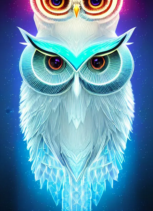 Image similar to symmetry!! product render poster vivid colors divine proportion owl, ice and snow, glowing fog intricate, elegant, highly detailed, digital painting, artstation, concept art, smooth, sharp focus, illustration,