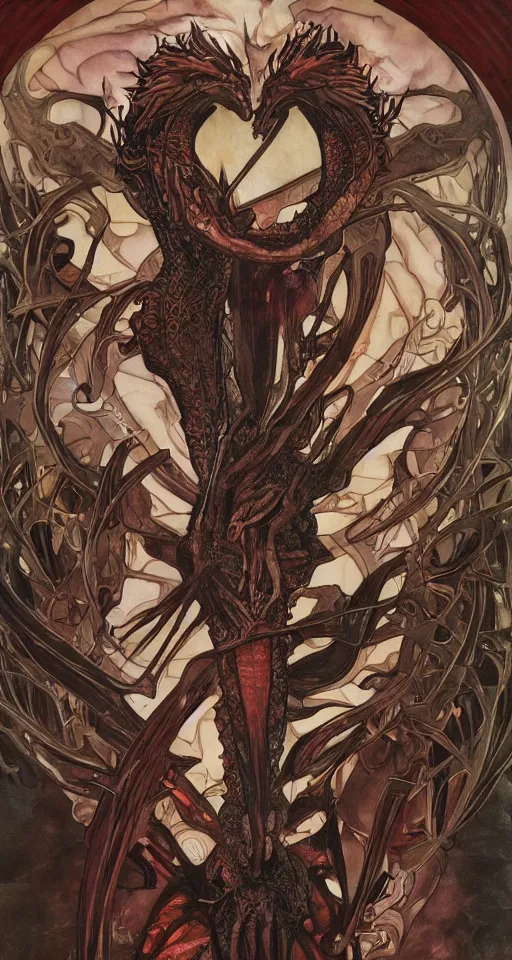 Prompt: 3/4 body portrait of the firedragon quee by artgerm and H R Giger and alphonse mucha, Dragon in dragon lair, HD, full body dragon concept, flying dragon, Human body with dragon features, beautiful queen, perfect face, fantasy, intricate, elegant, highly detailed, digital painting, artstation, concept art, smooth, sharp focus, illustration, ray tracing, 4k realistic 3d rendered portrait, soft shading, soft colors, relaxed colors, hyperdetailed, wide angle lens, fantasy, futuristic horror, armor style of giger