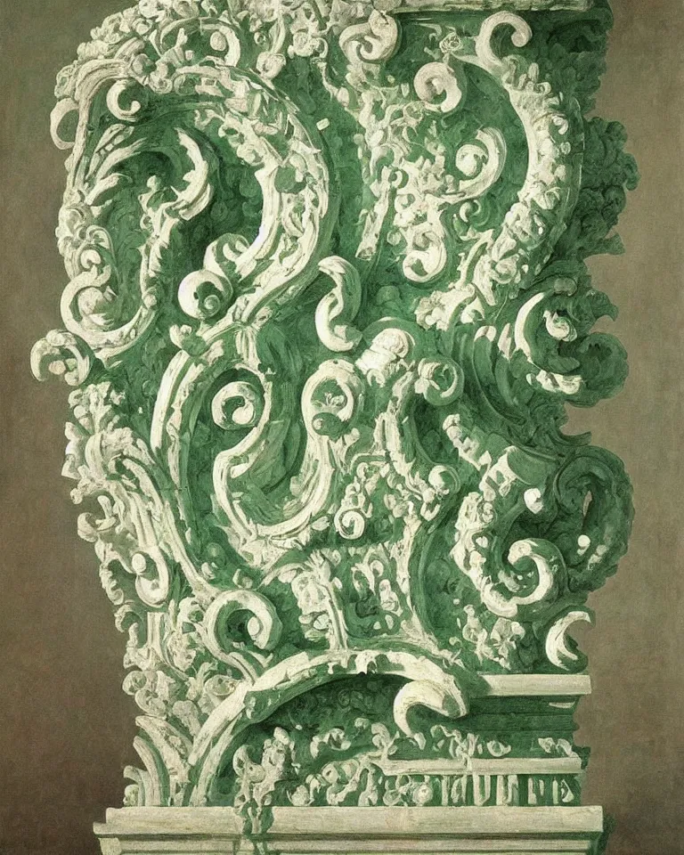 Image similar to achingly beautiful painting of intricate ancient roman corinthian capital on jade background by rene magritte, monet, and turner. giovanni battista piranesi.