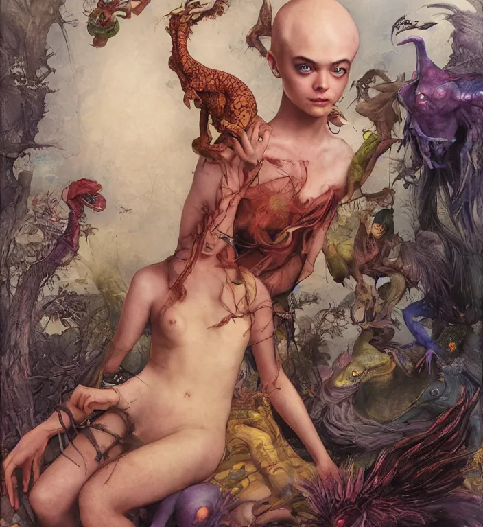 Image similar to a portrait photograph of a bald elle fanning as a colorful harpy super hero with slimy reptile skin. she is trying on a amphibian organic catsuit and transforming into a feathered beast. by tom bagshaw, donato giancola, hans holbein, walton ford, gaston bussiere, peter mohrbacher and brian froud. 8 k, cgsociety