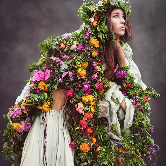 Prompt: a gorgon wearing a cloak made of flowers, by Omar Z. Robles, CANON Eos C300, ƒ1.8, 35mm, 8K, medium-format print