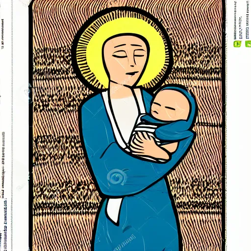 Image similar to midcentury modern illustration of 80 year old sentimental Mediterranean skinned woman in ancient Canaanite clothing holding a newborn baby, crying, awe, love, ancient interior tent background