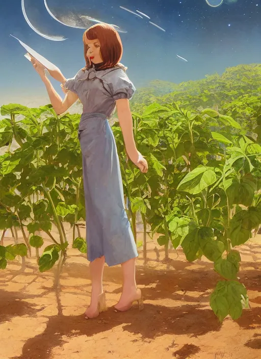 Image similar to gorgeous inspiring girl on the moon space station caring for tomato plants inside a crater filled with smoke, planet Earth in the sky by Craig Mullins, ilya kuvshinov, krenz cushart, artgerm trending on artstation by Edward Hopper and Dan Mumford and WLOP and Rutkovsky, carl spitzweg and moebius, Unreal Engine 5, Lumen, Nanite