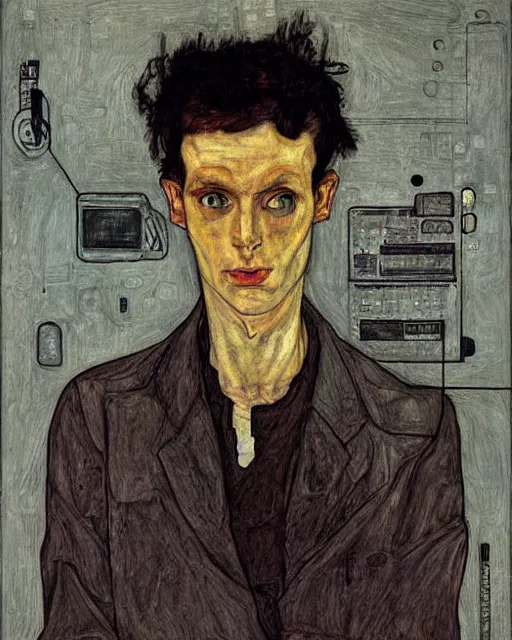 Image similar to portrait of a hacker by egon schiele in the style of greg rutkowski