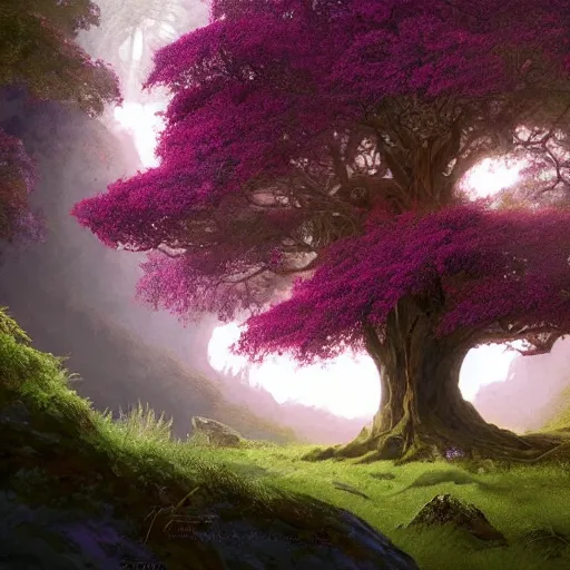 Image similar to a big tree on a mountain with purple leaves and some leaves falling retro digital painting, artstation, concept art, soft light, hdri, smooth, sharp focus, illustration, fantasy, intricate, elegant, highly detailed, D&D, matte painting, in the style of Greg Rutkowski and Alphonse Mucha and artemisia, 8k, highly detailed, jurgens, rutkowski, bouguereau, pastoral, rustic, georgic