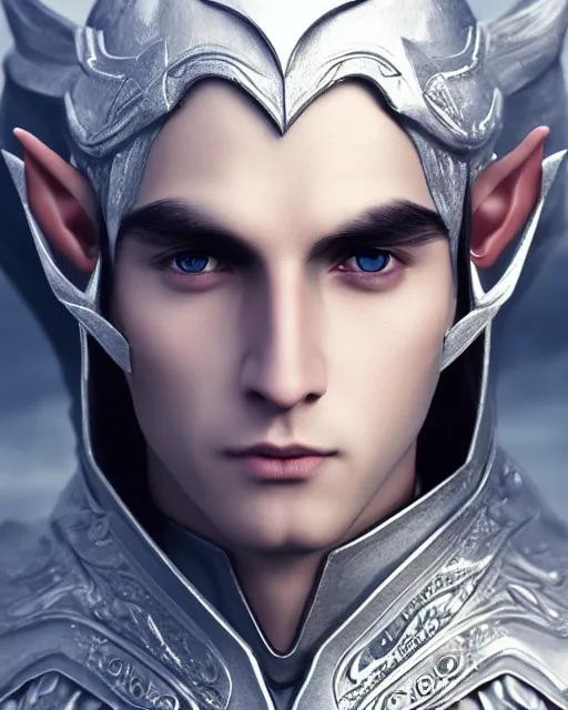 Prompt: portrait, beautiful male elf, long hair, elegant, super detailed, light black armor with silver accenting, silver very ornate jewelry, cape, 8 k, cinematic, backlight, octane render, moonlight, snow, clouds, artstation, greg rutkowski, rossdraws, william bouguereau, sharp focus