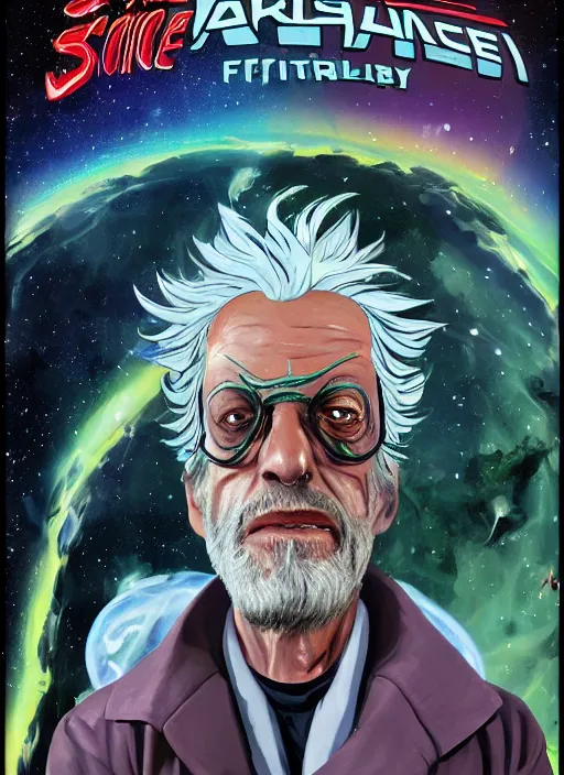 Image similar to Christopher Lloyd as Rick Sanchez on the cover of Galaxy Science Fiction, 1965, detailed, epic, vintage 1960s print, trending on artstation