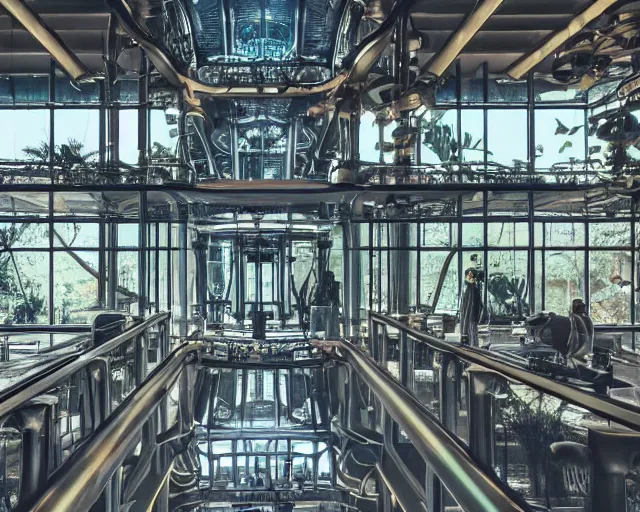 Prompt: a futuristic steampunk science laboratory, building made of huge glass panes ornate posts and beams and futuristic interior built in the middle of a lush tropical rainforest, cinematic back lit lighting, realistic, canon 20mm,