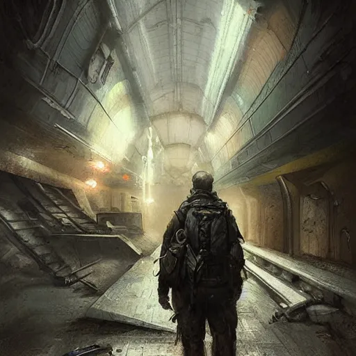 Image similar to a scavenger walking on the surface of moscow, metro 2 0 3 3, smooth, dreary, beautifully detailed, concept art, by sabbas apterus