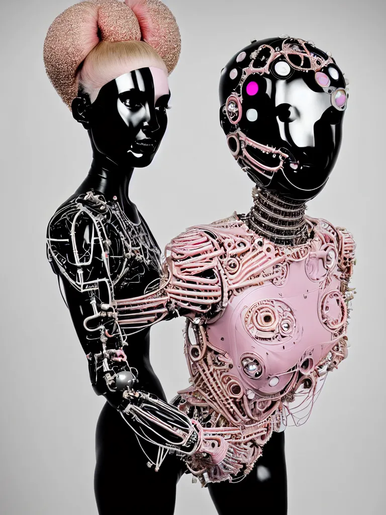 Image similar to portrait of a biomechanical goddess wearing a big pearl studded iridescent beauty mask and pink hair buns, wearing a black bodysuit by alexander mcqueen, cream white background, soft diffused light, biotechnology, humanoid robot, perfectly symmetric, bjork aesthetic, translucent, by rineke dijkstra, intricate details, highly detailed, masterpiece,