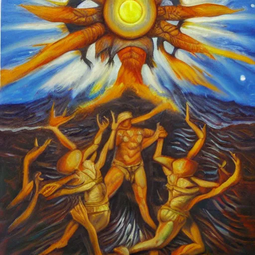 Prompt: the cult of the sun oil painting