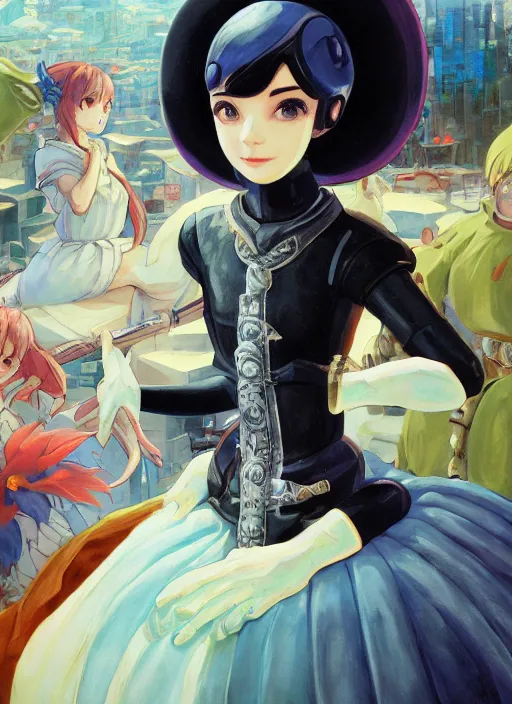 Image similar to a gouache painting in the style of breath of fire iv, a detailed 3 d render of audrey hepburn as a yorha android, by hikari shimoda, ilya kuvshinov, yoshitaka amano, by shaun tan, by good smile company, portrait, cgsociety, artstation, a modular costume and headpiece, action adventure scene