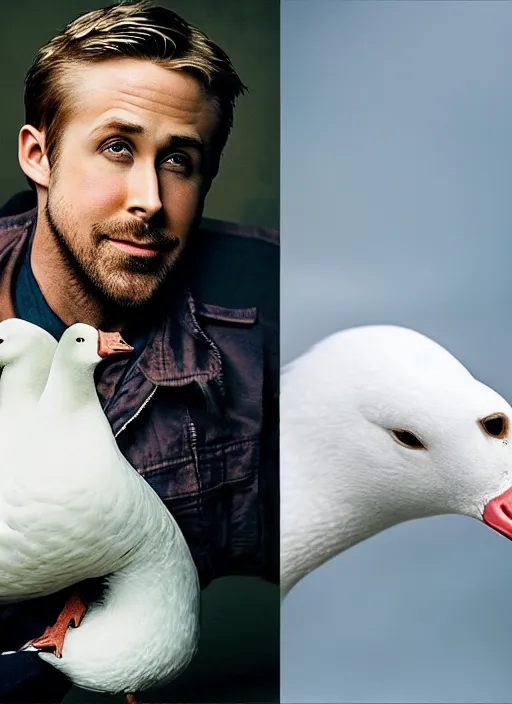 Image similar to ryan gosling fused with a white goose, natural light, bloom, detailed face, magazine, press, photo, steve mccurry, david lazar, canon, nikon, focus