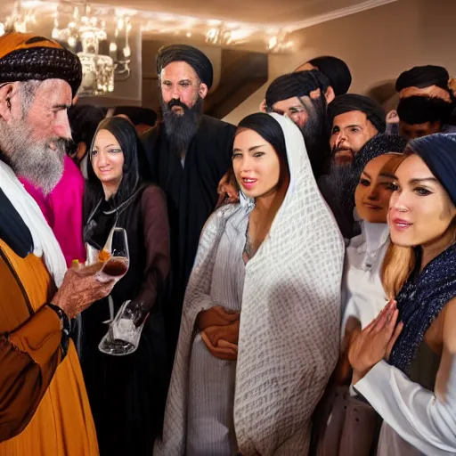 Prompt: 4 k portrait sony a 7 f 2. 8 of president joe biden as a taliban leader surrounded by beautiful dancing instagram model women praying with cocktail bar lighting