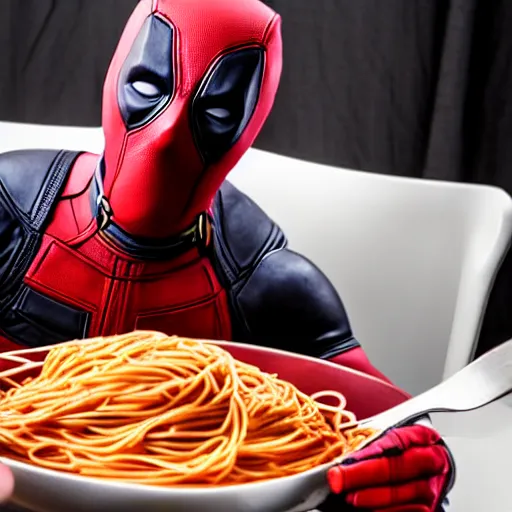 Prompt: Deadpool eating spaghetti, professional photography