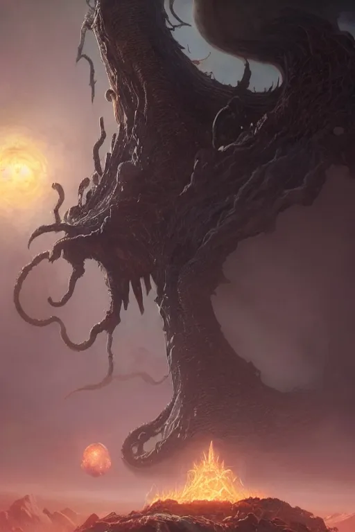 Image similar to eldritch god, larger than earth, eating planets, planet eater, lovecraftian deity, god, monster, huge, towering, gigantic, high octane, 8 k, digital art, magic the gathering, mtg, by greg rutkowski, trending on artstation