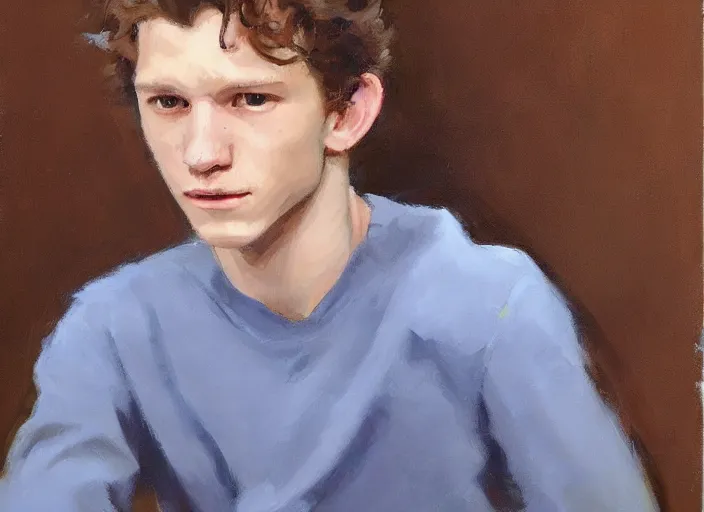 Prompt: a highly detailed beautiful portrait of tom holland, by gregory manchess, james gurney, james jean