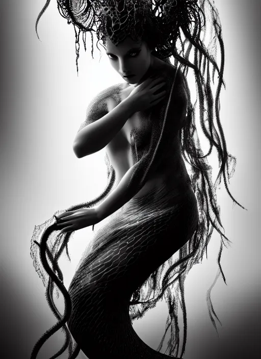 Image similar to surreal mythical dreamy dark artistic black and white fine art photo of a beautiful young female medusa - mermaid - cyborg covered with translucent algae, highly detailed, lace web, rim light, cinematic, studio dramatic light, poetic, octane render, 8 k, photo - realistic, by horst p. horst