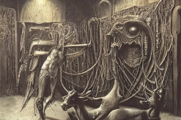 Image similar to a minotaur in a nightclub, by giger and beksinski