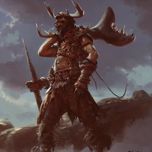 Image similar to anthropomorphic moose barbarian pirate humanoid by greg rutkowski, ship, sea, fantasy