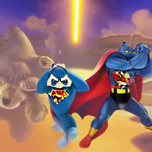 Image similar to Raccoon-superman fighting against darth-raccoon on a kirby-themed super-smash-bros-level, super highly detailed, professional digital painting, artstation, concept art, smooth, sharp focus, no blur, no dof, extreme illustration, Unreal Engine 5, Photorealism, HD quality, 8k resolution, cinema 4d, 3D, beautiful, cinematic, art by artgerm and greg rutkowski and alphonse mucha and loish and WLOP