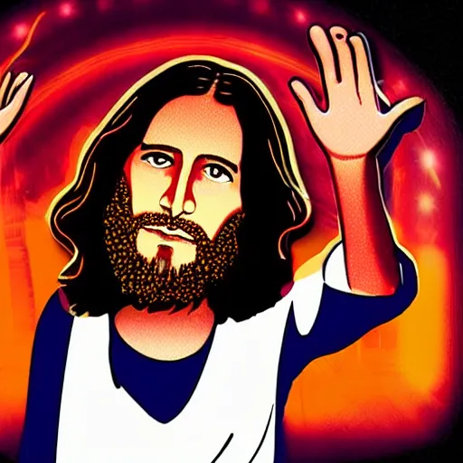 Image similar to jesus is a disk jockey in a london discotheque, photo realistic, mood lighting