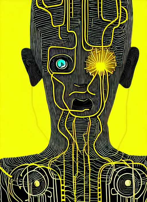 Image similar to highly detailed closeup portrait of wasteland long glowing yellow and white plasma hair cute happy tribal lady, stray electric spark wiring by jean jullien, 4 k resolution, gradient yellow, black and white color scheme!!! ( ( dystopian city background ) )