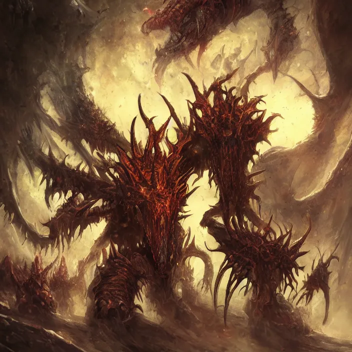 Prompt: lord of the tyranids, artstation hall of fame gallery, editors choice, #1 digital painting of all time, most beautiful image ever created, emotionally evocative, greatest art ever made, lifetime achievement magnum opus masterpiece, the most amazing breathtaking image with the deepest message ever painted, a thing of beauty beyond imagination or words