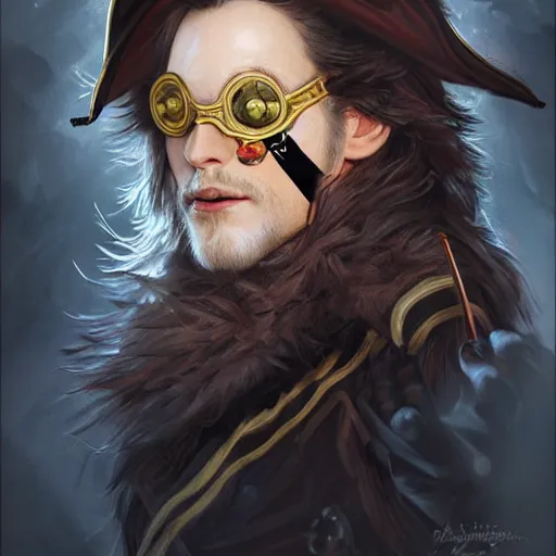 Image similar to portrait, male humanoid black cat, eye patch on one eye, black fur, pirate, doctor, pirate clothes, d & d, fantasy, intricate, elegant, highly detailed, digital painting, artstation, concept art, matte, sharp focus, illustration, art by artgerm and greg rutkowski and alphonse mucha