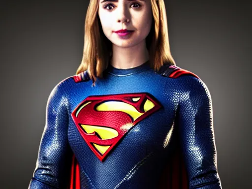 Image similar to a potrait of Lily Collins as Supergirl with man of steel suit style and full armour by Zack Snyder , 8k photorealistic, cinematic lighting, HD, high details, dramatic, trending on artstation, full body shot