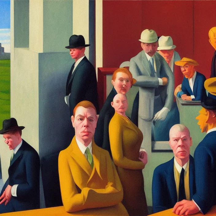 Image similar to group of people pictured in afternoon light, close - up of the faces, anatomically and proportionally correct, surrealist oil painting by edward hopper, francis bacon and rene magritte, detailed