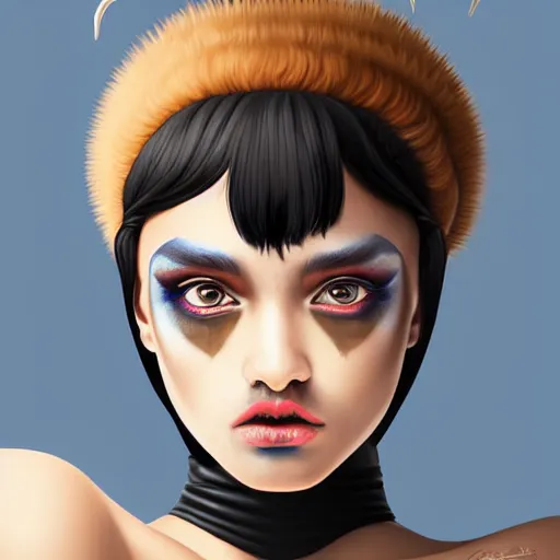 Image similar to illustrated realistic portrait of ram-horned devil woman with blue bob hairstyle and her tan colored skin and with solid black eyes wearing leather by rossdraws