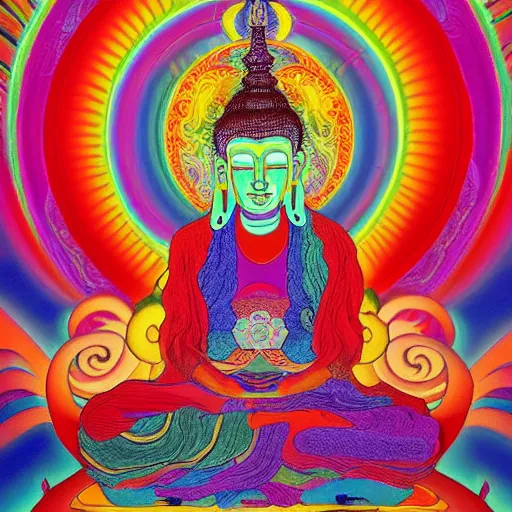 Prompt: psychedelic trippy artwork, focus clarity, tibetan buddhism, the meaning of Dzogchen, full color, a life of primordial grounding, award-winning, trending