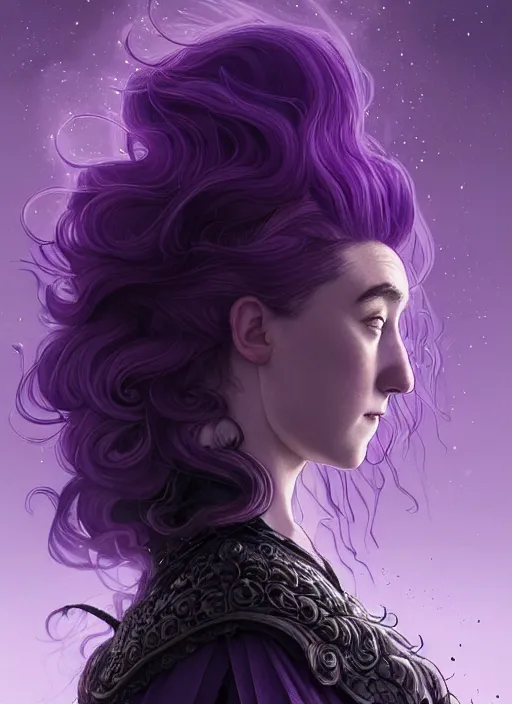Prompt: side portrait Saoirse Ronan as dark witch, adventurer outfit large cloak, fantasy forest landscape, dragon scales, fantasy magic, undercut hairstyle, short purple black fade hair, dark light night, intricate, elegant, sharp focus, illustration, highly detailed, digital painting, concept art, matte, art by WLOP and Artgerm and Greg Rutkowski and Alphonse Mucha, masterpiece