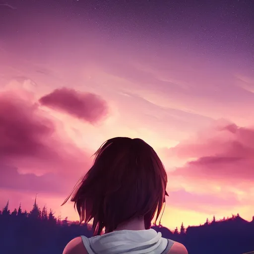 Image similar to max caulfield looking at beautiful sky at night, intricate, youth, artstation, life is strange, edouard caplain, ue 5, highly detailed, 8 k, landscape, beeple, jessica rossier