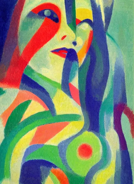 Image similar to an extreme close-up abstract portrait of a lady enshrouded in an impressionist representation of Mother Nature and the meaning of life by Sonia Delaunay and Igor Scherbakov, abstract colorful lake garden at night, thick visible brush strokes, figure painting by Anthony Cudahy and Rae Klein, vintage postcard illustration, minimalist cover art by Mitchell Hooks