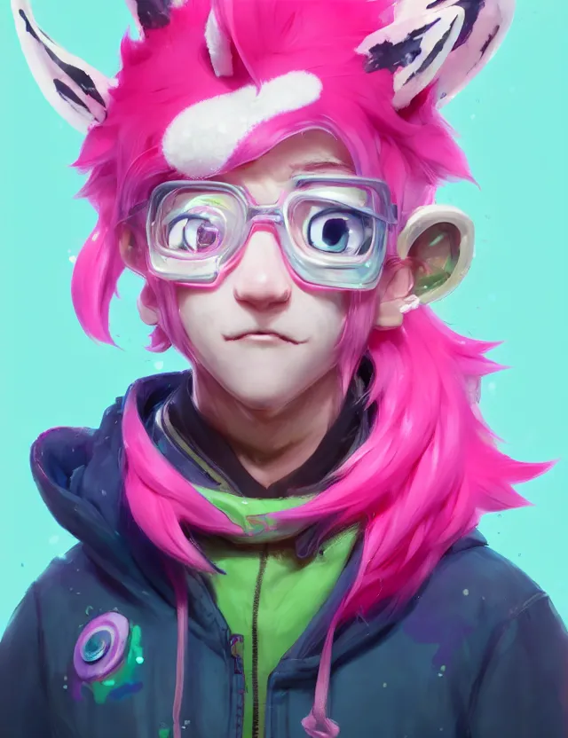 Image similar to a beautiful headshot portrait of a cute splatoon anime male with pink hair and pink wolf ears green eyes piercings wearing a hoodie. character design by cory loftis, fenghua zhong, ryohei hase, ismail inceoglu and ruan jia. artstation, volumetric light, detailed, photorealistic, fantasy, rendered in octane