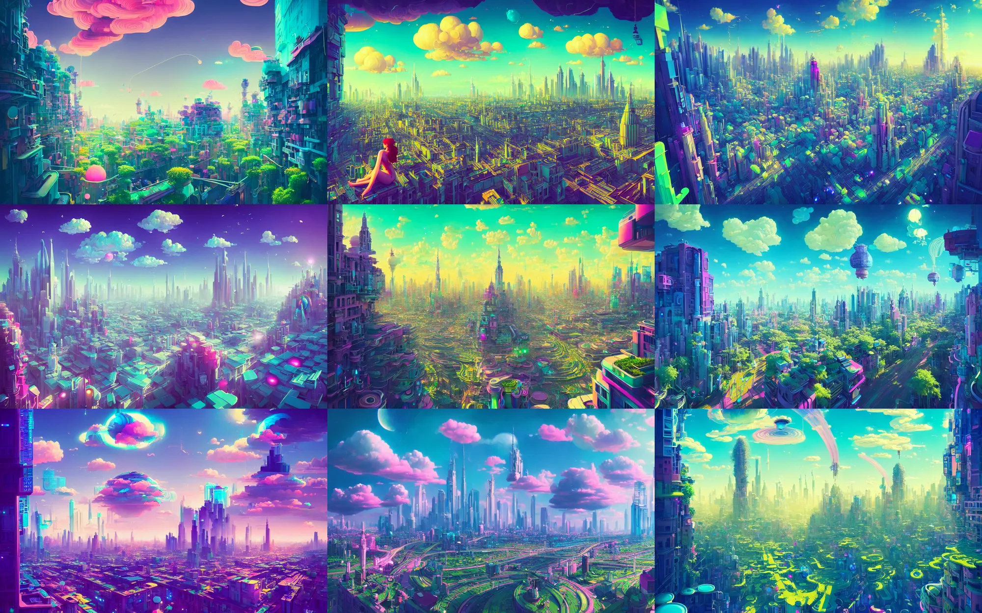 Prompt: a beautiful cityscape, beautiful plants, breathtaking clouds, brilliant lights, very detailed, 4 k, 8 k, sharp focus, surrealism, art deco, vibrant color scheme, cgsociety, 2 d art, acid pixie, by beeple