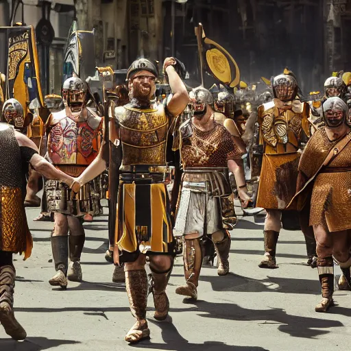 Image similar to Roman legions marching to a modern city, cinematic, dramatic lights