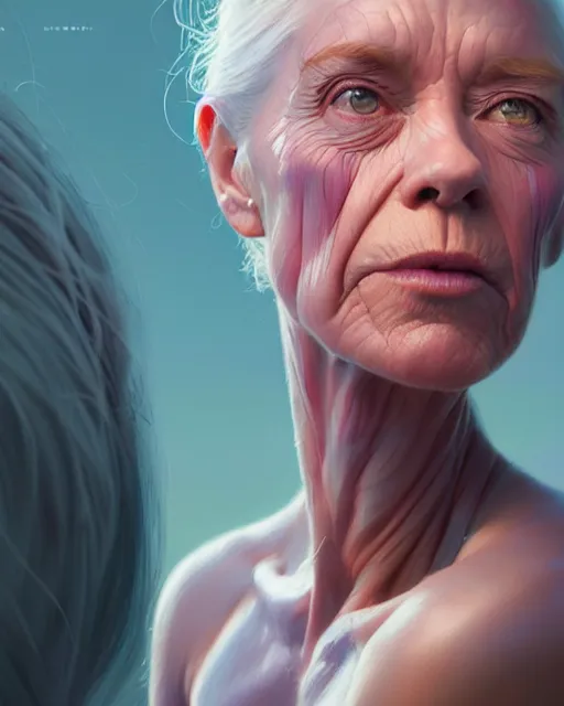 Image similar to highly detailed vfx portrait of, woman getting progressively older muscular by stephen bliss, chalk, unrealengine, greg rutkowski, loish, rhads, beeple, chalk, makoto shinkai and lois van baarle, ilya kuvshinov, rossdraws, tom bagshaw, basil gogos