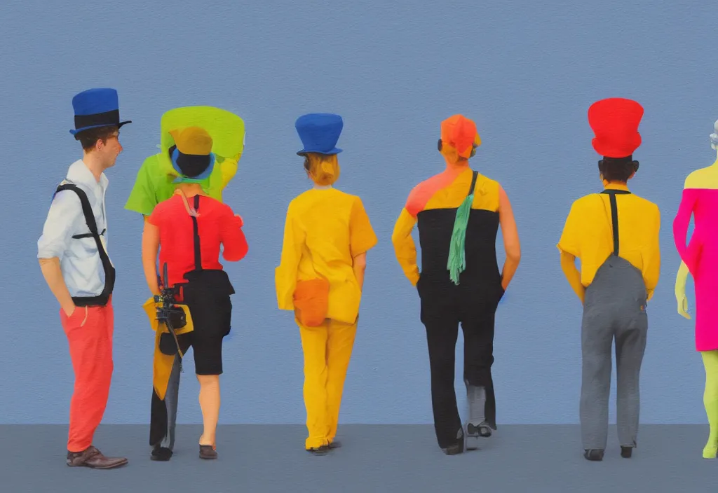 Image similar to full body portrait of a trio of european tourists with nikon cameras, rear views, character designs painting, in the style of wes anderson, rene magritte, lola dupre, david hockney, isolated on white background, dark monochrome neon spraypaint accents volumetric octane render