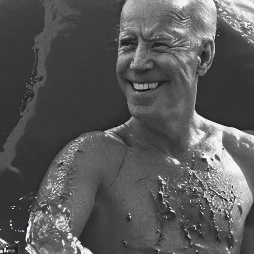 Prompt: film still, close up, joe biden rising out of muddy vietnam river, low camera angle at water level, from apocalypse now ( 1 9 7 9 ), 2 6 mm,