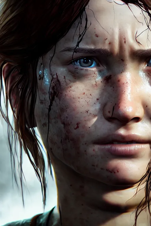 Image similar to ultra realistic facial portrait of ellie from the last of us part 2, digital art, character portrait, highly detailed, trending on artstation, lens flare, atmosphere, hyper realistic, cinematic lightning, sharp focus, unreal engine 5, extreme details perfect face, pretty face, fine - face, illustration, 8 k, ultra texture, masterpiece