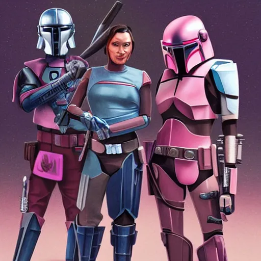 Image similar to bo katan, koska reeves, and a very fancy female mandalorian in a pink suit and bedazzled helmet. digital art. photo realistic. 4 k. intricate. detailed. by krenz cush art simon fetscher.